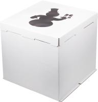 Коробка для торта с окном Снеговик 300х300х300 мм, белая гофрокартон РУ.