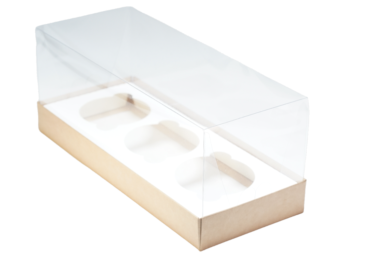 Коробка на 3 капкейк прозрачная (250х100х100) ETO (крафт)