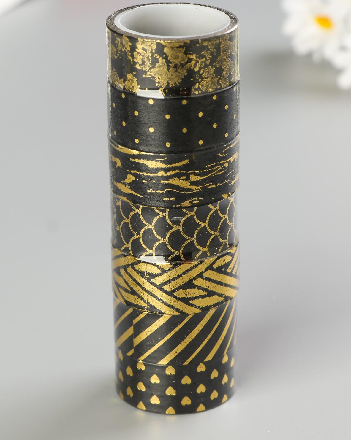 Ленты клейкие WASHI  д/декора 7  цветов, 15 мм х 3 м (набор 7шт) рисовая бумага (с фольгой черное-золото)