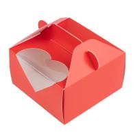 Коробка для бенто-торта красная с ручками с окном сердце 140х140х80 мм
