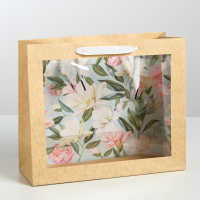 Пакет крафтовый с пластиковым окном «Цветы», 31 х 26 х 11 см