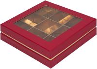 Коробка для конфет 9 шт Люкс с большим окном красная матовая/золото 160х160х45 мм РУ.