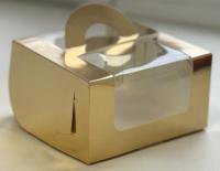 Коробка для бенто торта с окном 140х140х80 мм золото Ру.