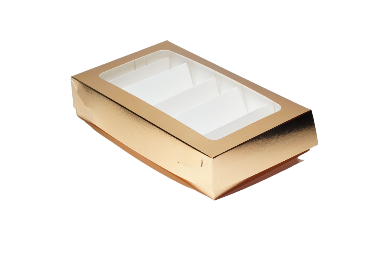 Коробка для эклеров с раделителем с окном, 5 ячеек 240х140х50 ETO (золото)
