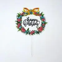 Топпер с цветами «Happy Birthday» прозрачный с черной надписью, круглый