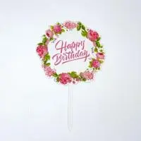 Топпер с цветами «Happy Birthday» прозрачный с розовой надписью