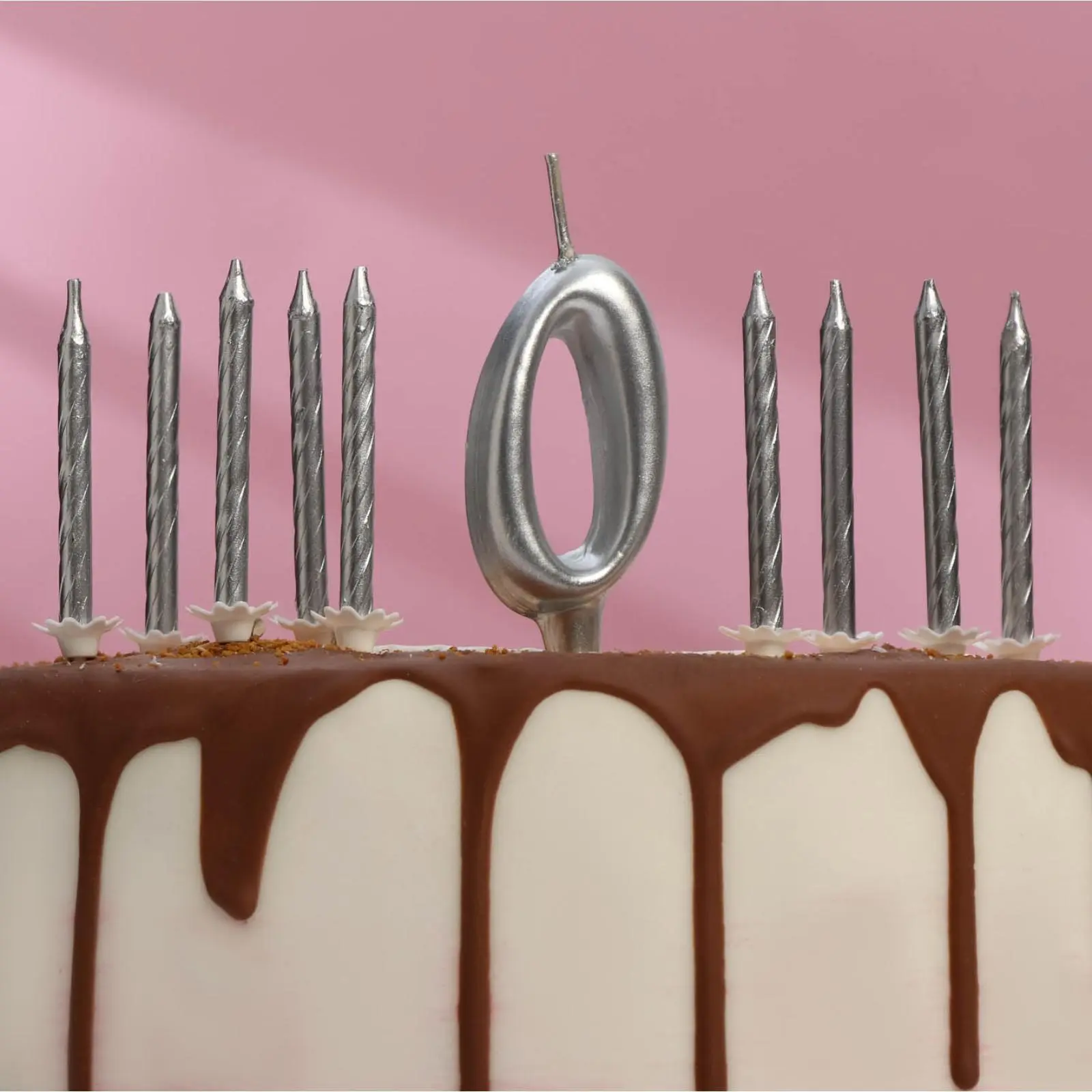 Набор свечей для торта (2 в 1) серебряная Цифра + Свечи "С Днём Рождения" серебро 10шт (цифра 0)