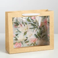 Пакет крафтовый с пластиковым окном «Цветы», 31 х 26 х 11 см