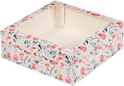 Коробка для зефира, тортов и пирожных с крышкой и окном 200х200х70 мм, С праздником, Розы РУ.
