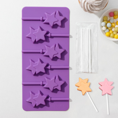 Силиконовая форма для леденцов «Звезды», 24×11×1 см, 6 ячеек (5,2×4 см), с палочками