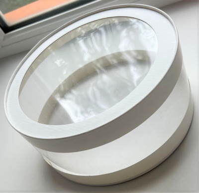 Коробка под торт и пирожные с прозрачними стенками Шляпная С ОКНОМ d=260 h=120 мм белая РУ. тубус