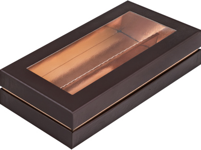 Коробка для макарон прямоугольное окно Люкс 210х110х55 мм, шоколад РУ.