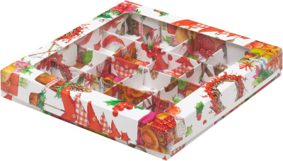 Коробка для 16 конфет с окном, XMAS 200х200х30 мм РУ.