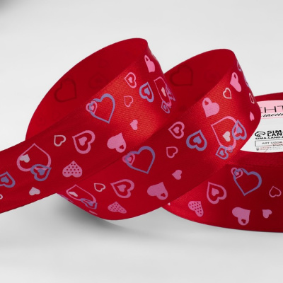 Лента атласная "Сердца" 25мм*23, красный