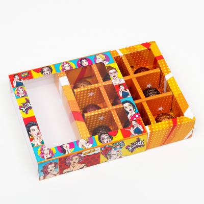 Коробка картонная с обечайкой под 9 конфет, "POP ART", 13,7 х 13,7 х 3,5 см, целлюлоза