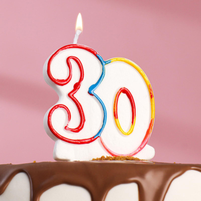 Свеча для торта цифра "30" ободок цветной, блёстки