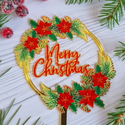 Топпер «Merry Christmas» золотой с красными цветами 