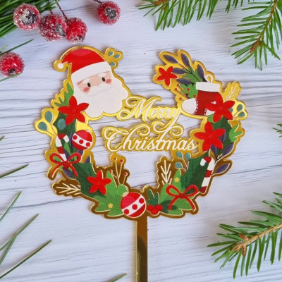 Топпер «Merry Christmas» рождественский венок с сантой 