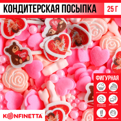 Посыпка кондитерская Яркая радуга №1 Сердечки и розы: белая, розовая, 25 г.