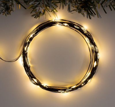 Гирлянда "Нить" 5 м роса, IP20, чёрная нить, 50 LED, свечение тёплое белое, фиксинг, USB
