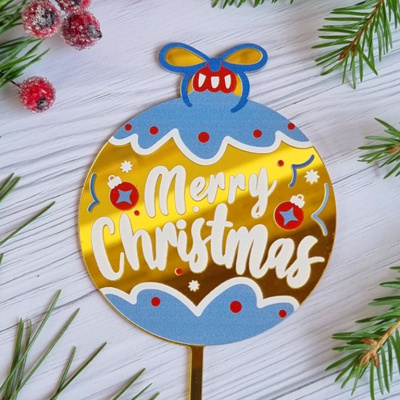 Топпер «Merry Christmas» новогодний шарик (золотой с белой надписью) 