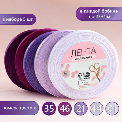 Набор атласных лент, 5 шт, размер лент: 10 мм × 23 ± 1 м, цвет фиолетовый спектр